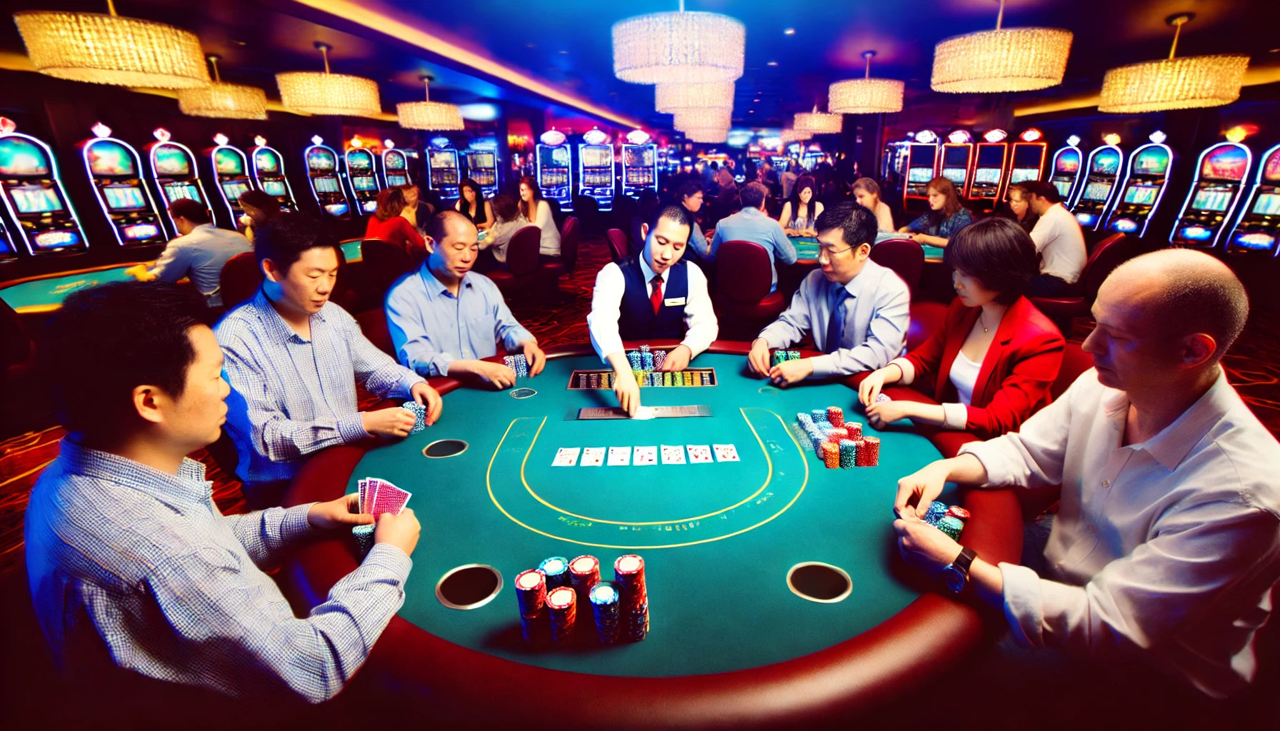 Table de poker dans un casino avec des joueurs et un croupier