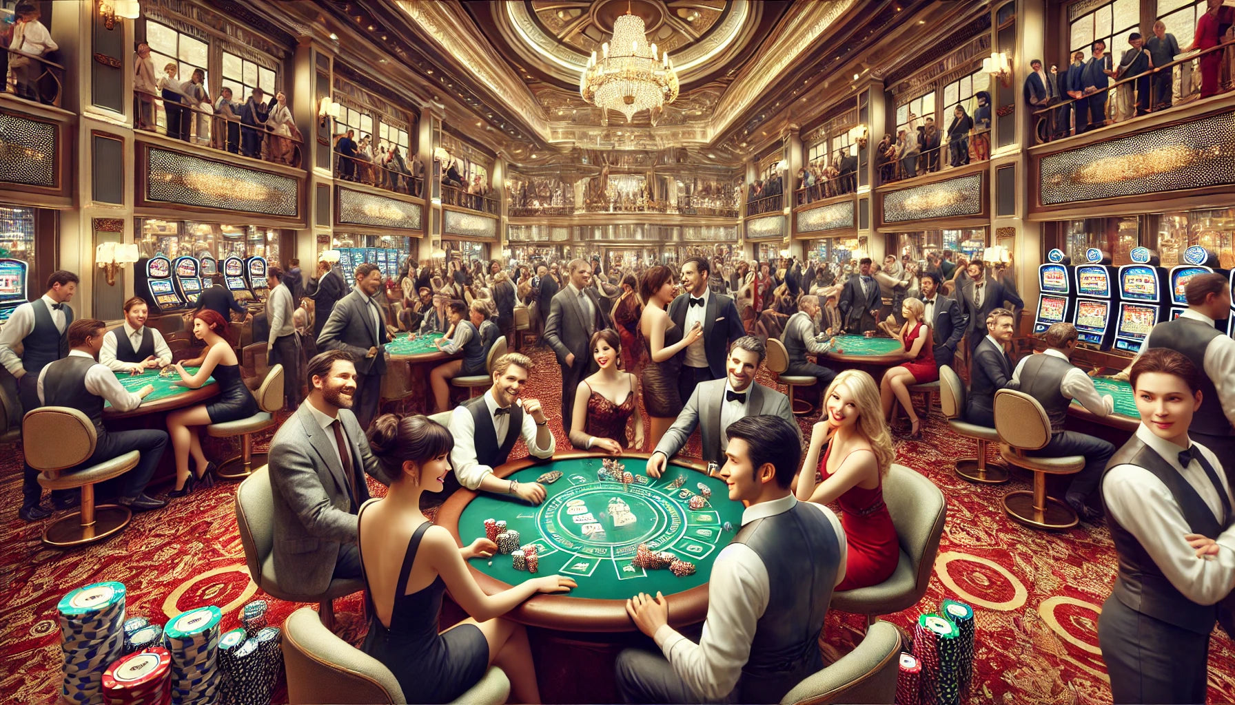 Grande salle de casino avec énormément de gens dans des tenues distinctes
