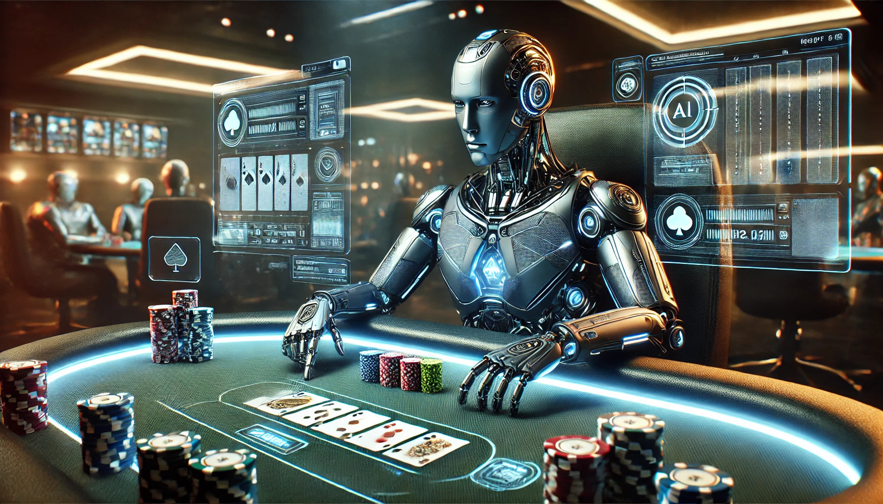 Robot jouant à une table de poker avec des graphiques face à ses yeux
