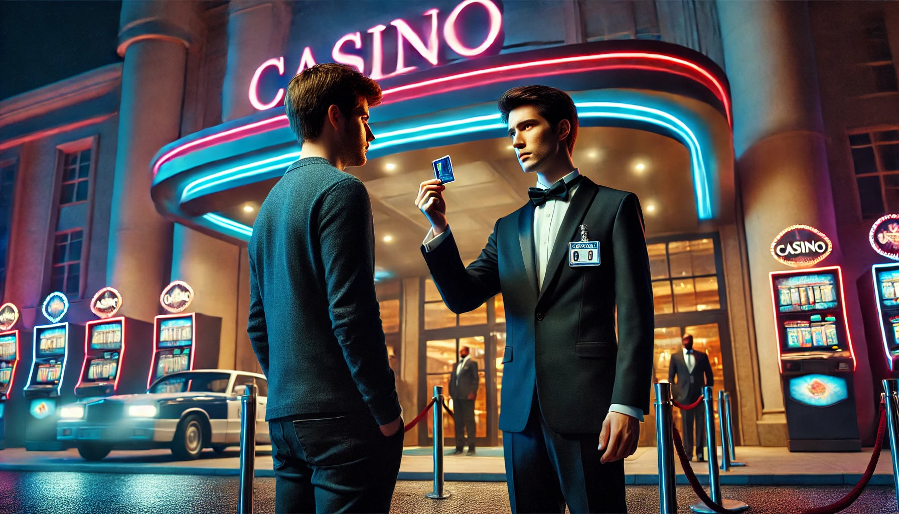 Homme contrôlant l'identité d'un homme voulant entrer dans un casino