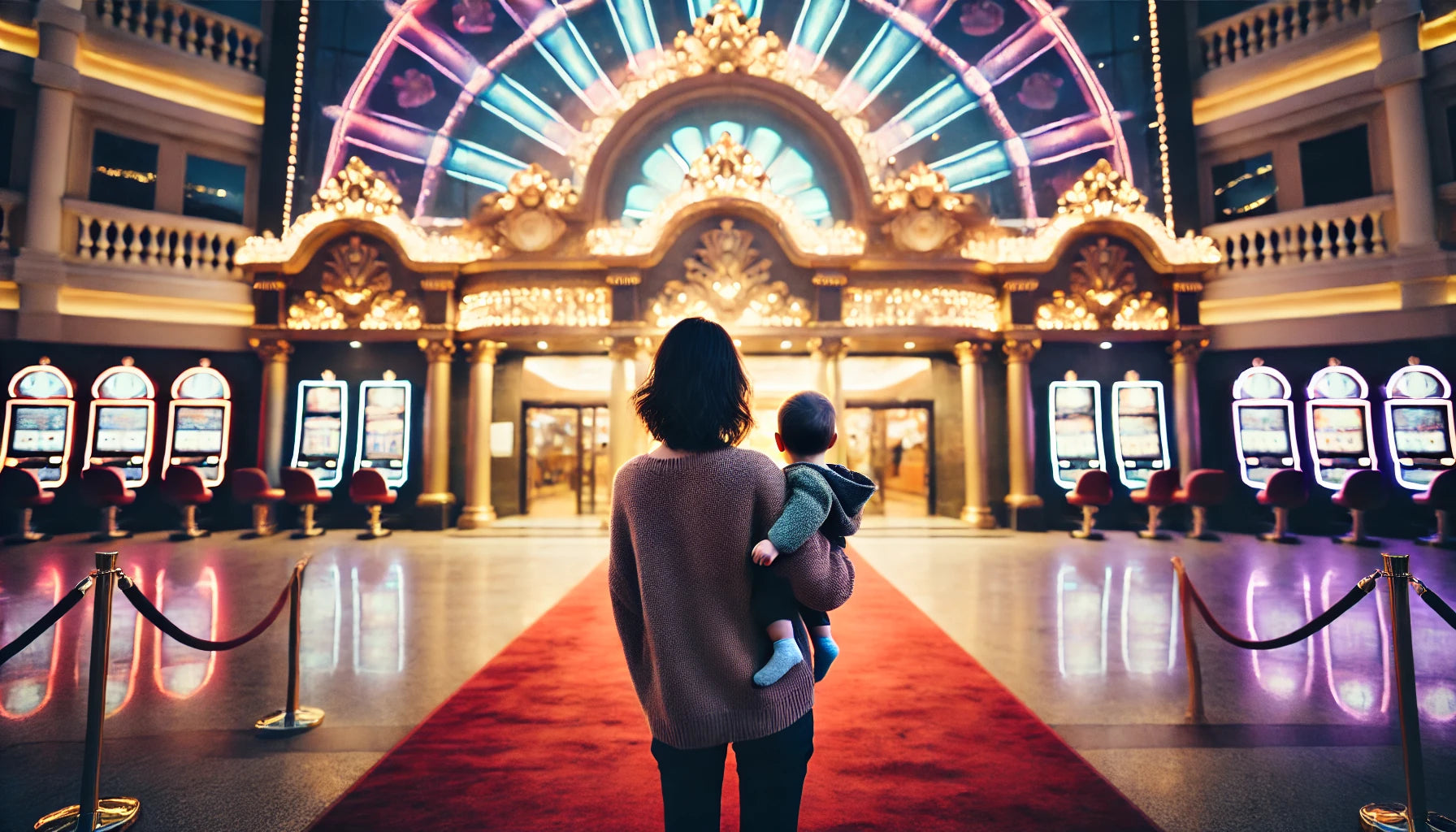 Femme avec son bébé à l'entrée d'un casino