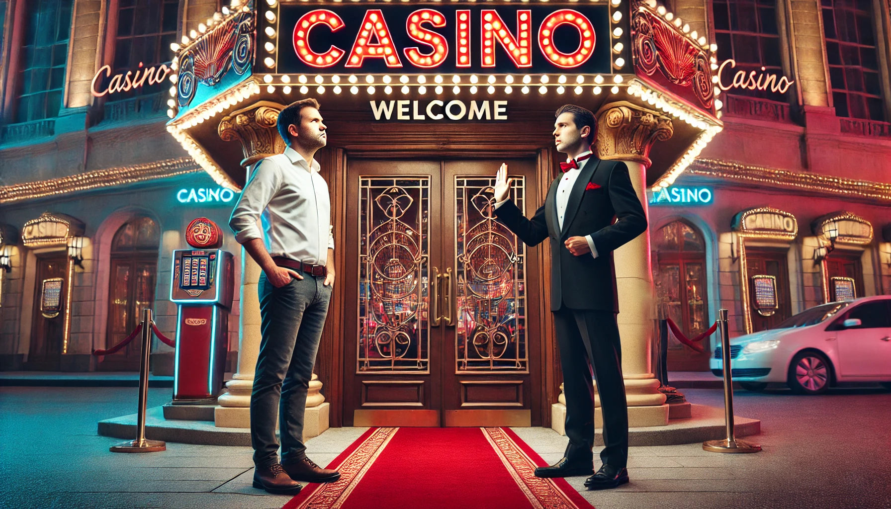homme se faisant contrôler son identité à l'entrée d'un casino